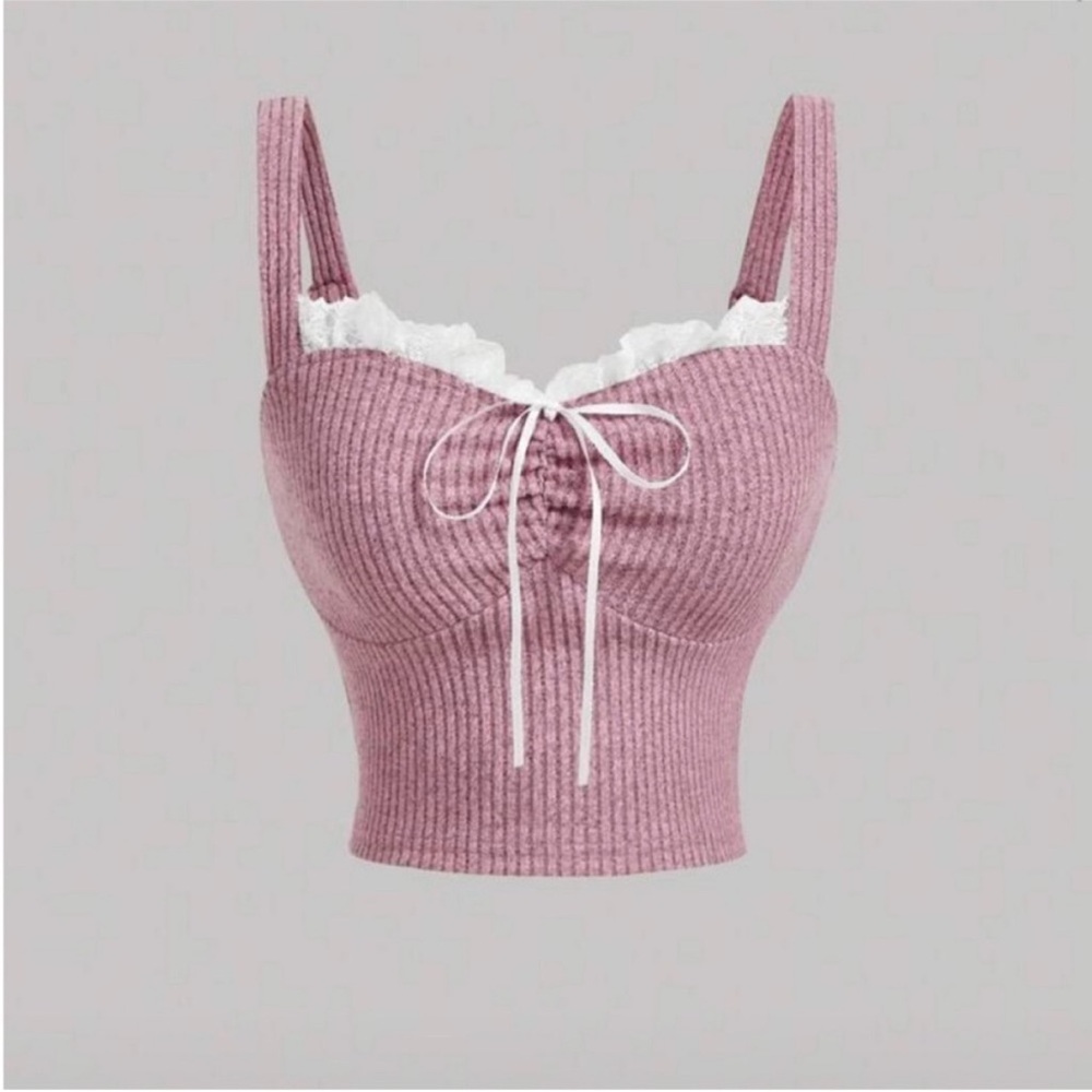 Ribbed Lace-Trim Bow Front Crop Top - Mauve Pink